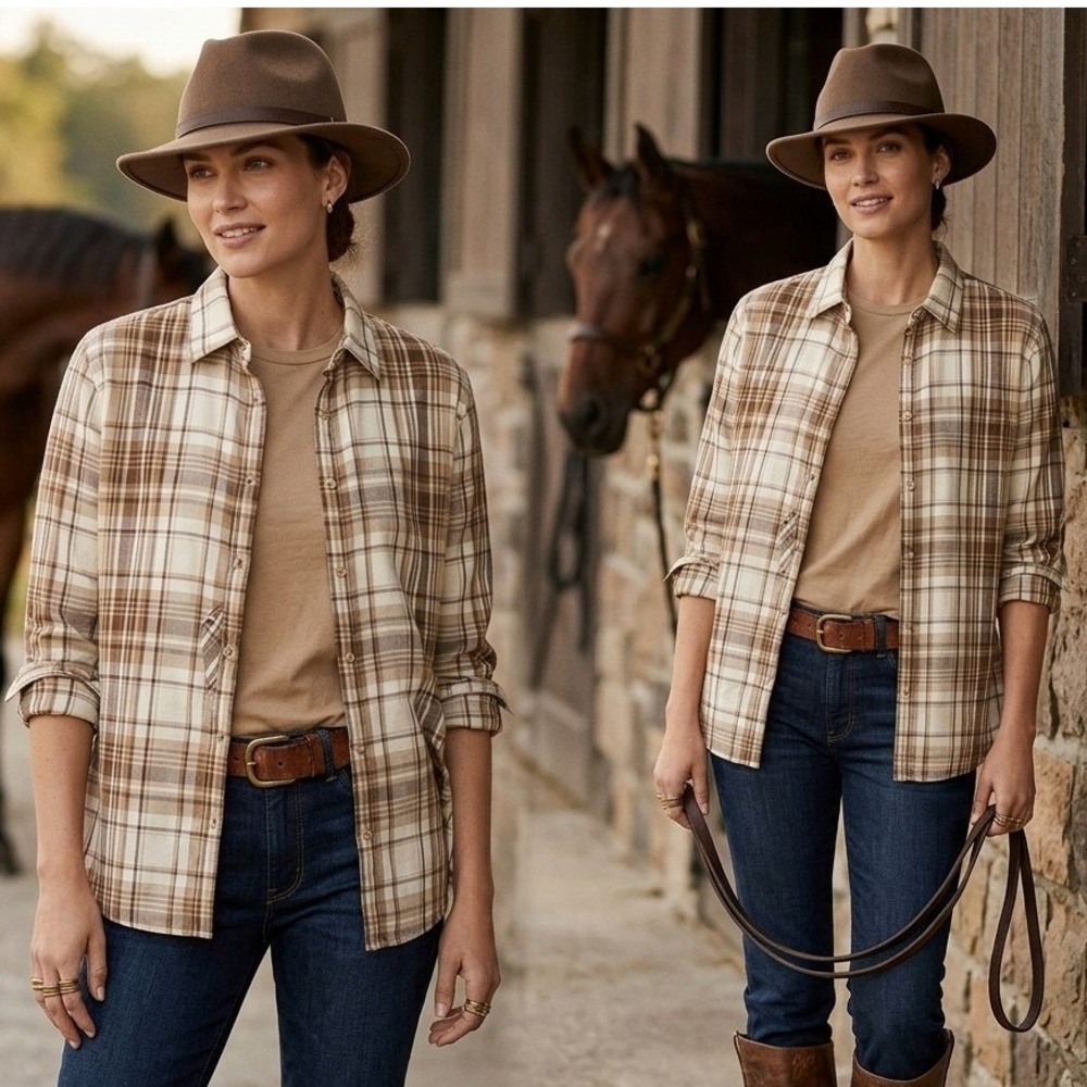 Lauren Ralph Lauren Plaid Button Down Shirt Womens Large Tan Equestrian Cotton